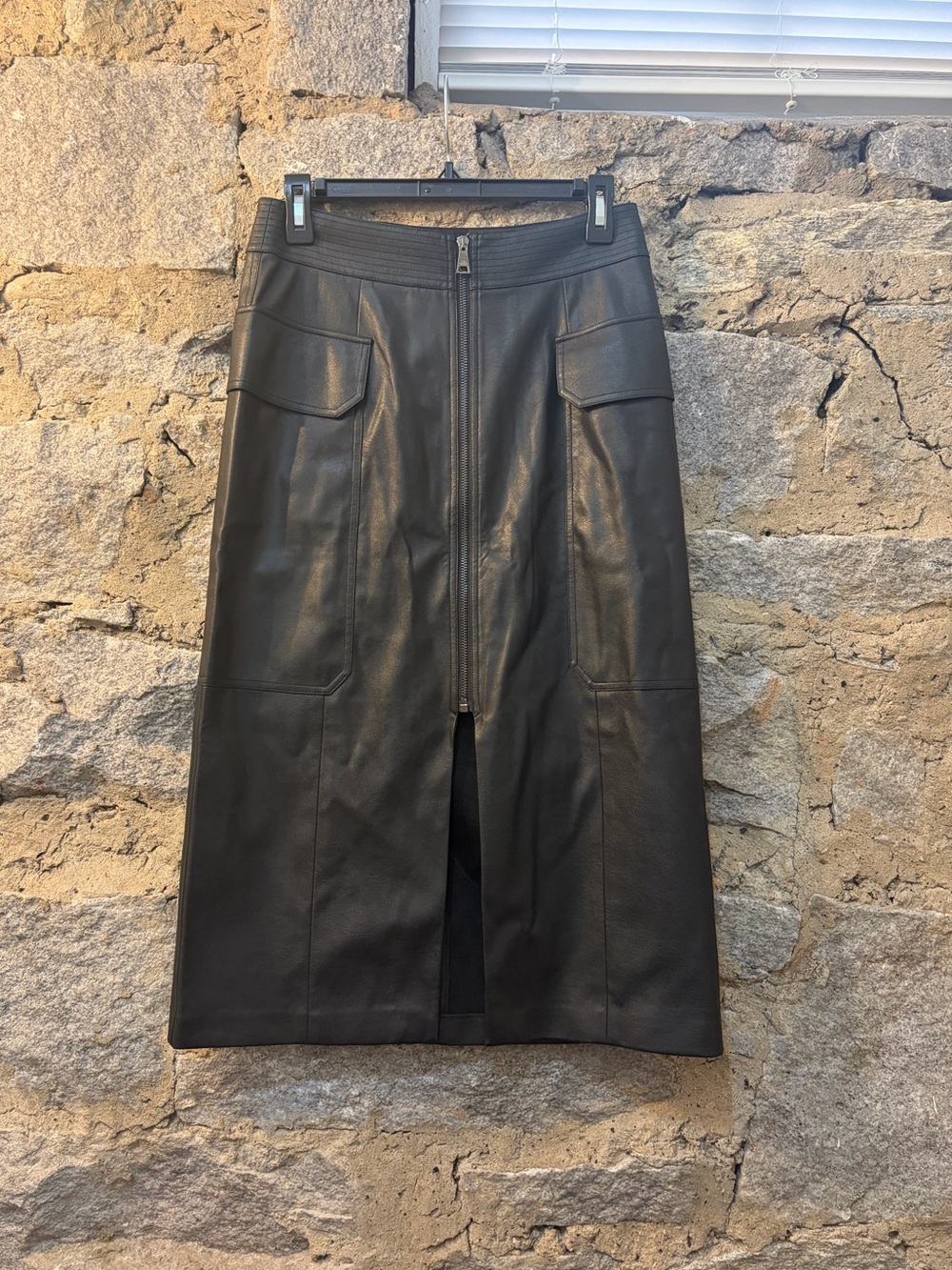 NWOT Ted Baker Black Faux Leather Midi Skirt with Front Zip and Slit